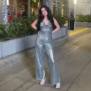Vintage Metallic Silver Cowl Neck Jumpsuit - Size Small